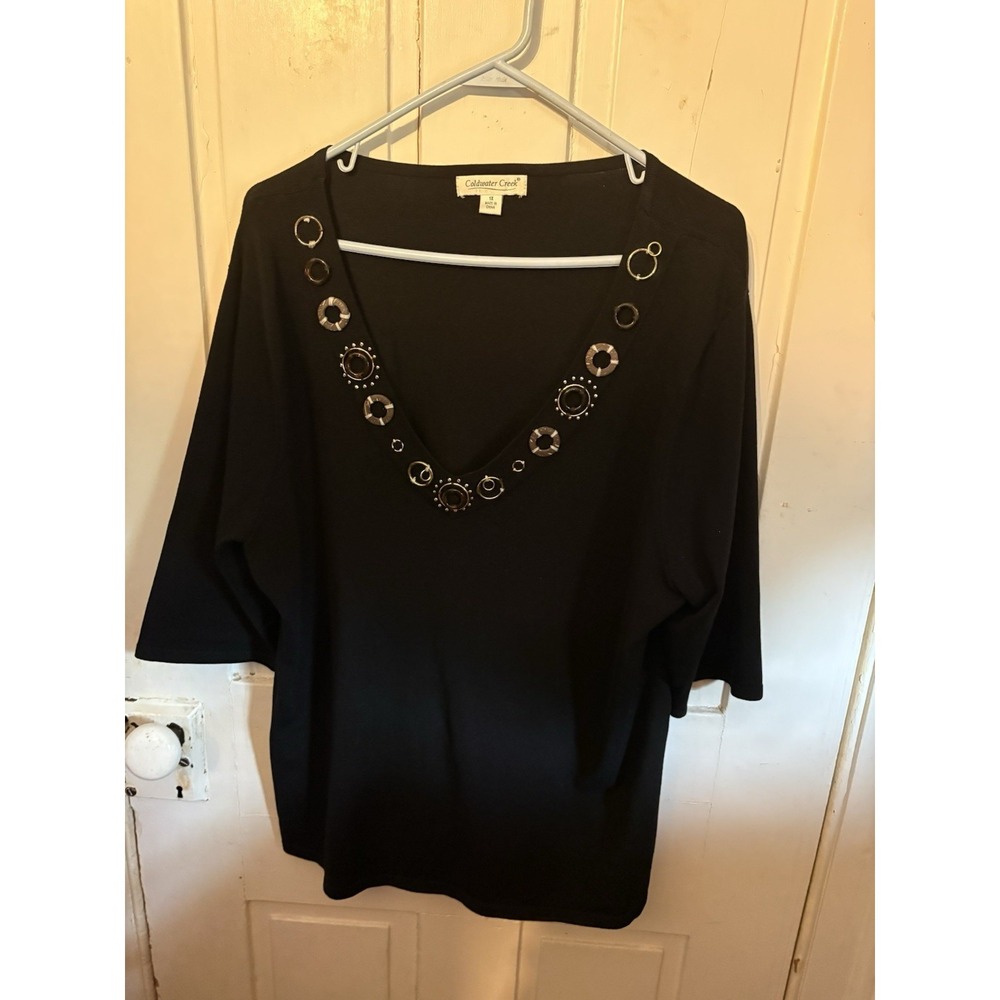 Coldwater Creek Black V Neck Top Women's 1X Embellished Short Sleeve Blouse